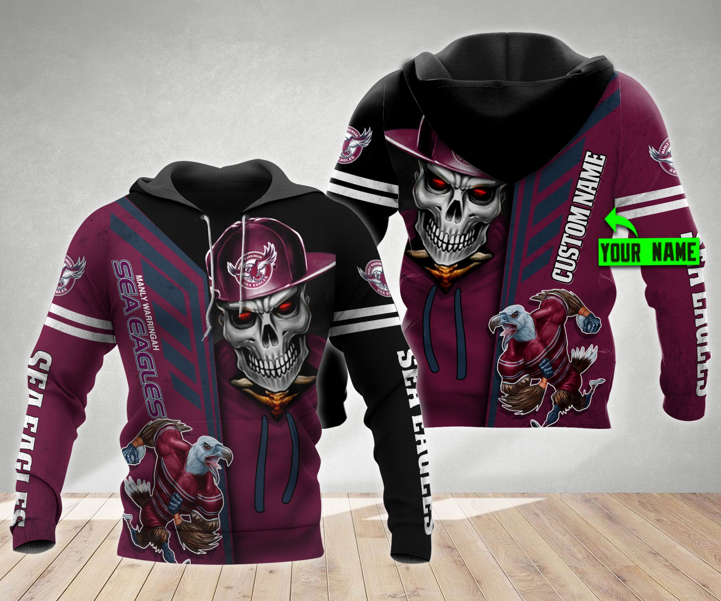 Personalized Manly Warringah Sea Eagles Nrl Skull Cap 3D All Over Print Zip Up Hoodie - Perfect Gift For Fans