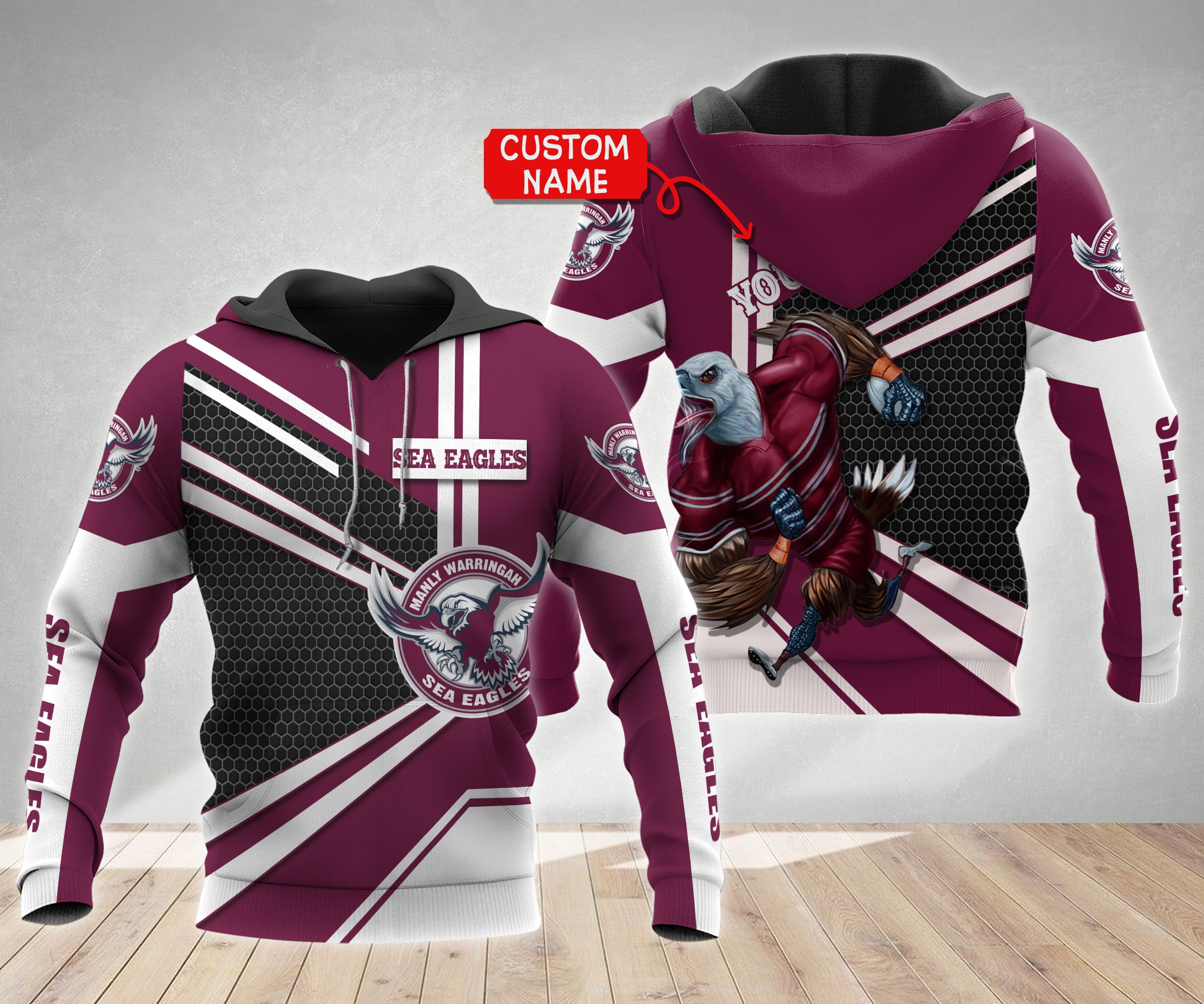 Personalized Manly Warringah Sea Eagles Vector Mascot Nrl 3D All Over Print Zip Up Hoodie - Perfect Gift For Fans
