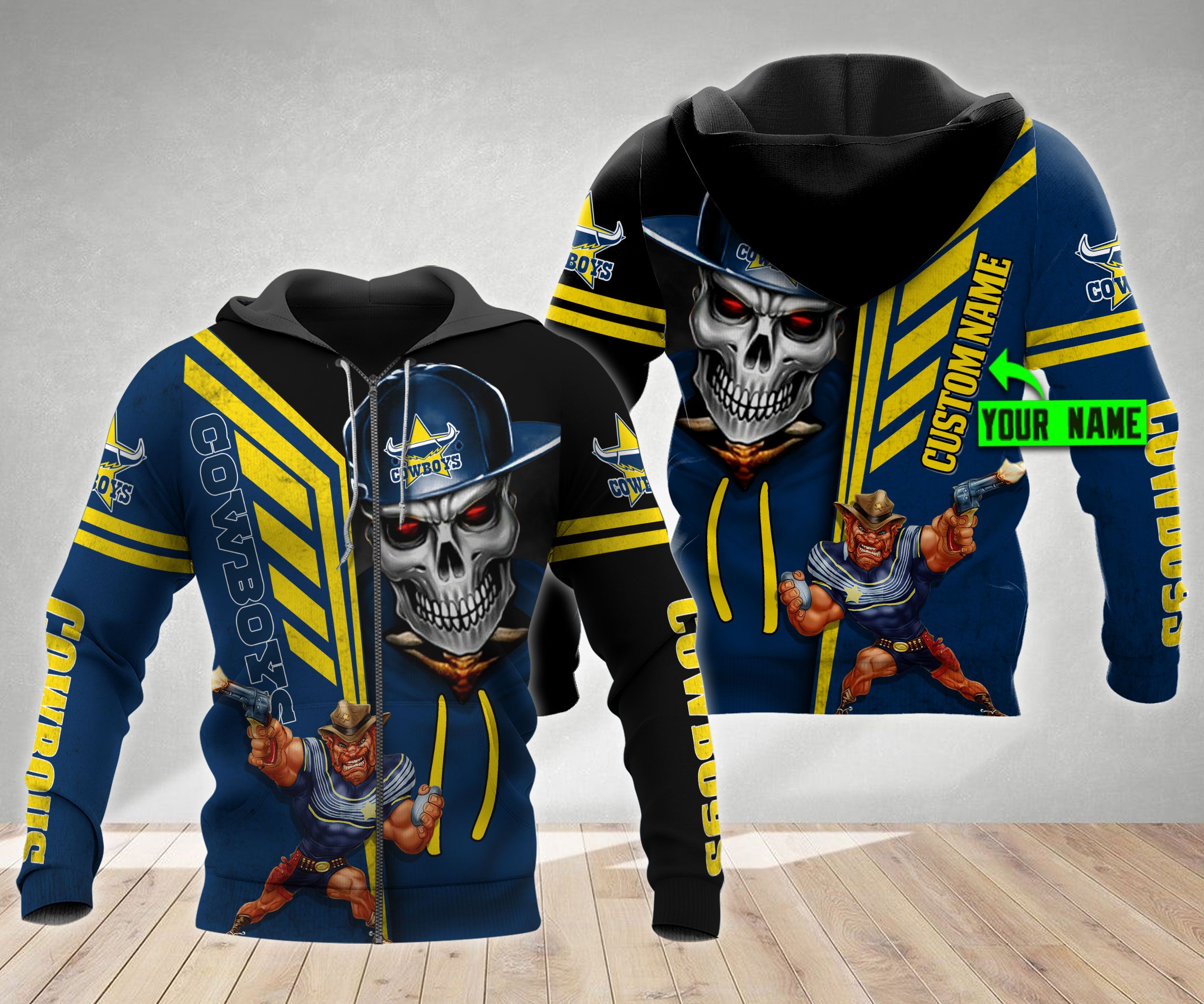 Personalized North Queensland Cowboys Nrl Custom All Over Print 3D Hoodie With Nrl Skull Cap And Custom Name