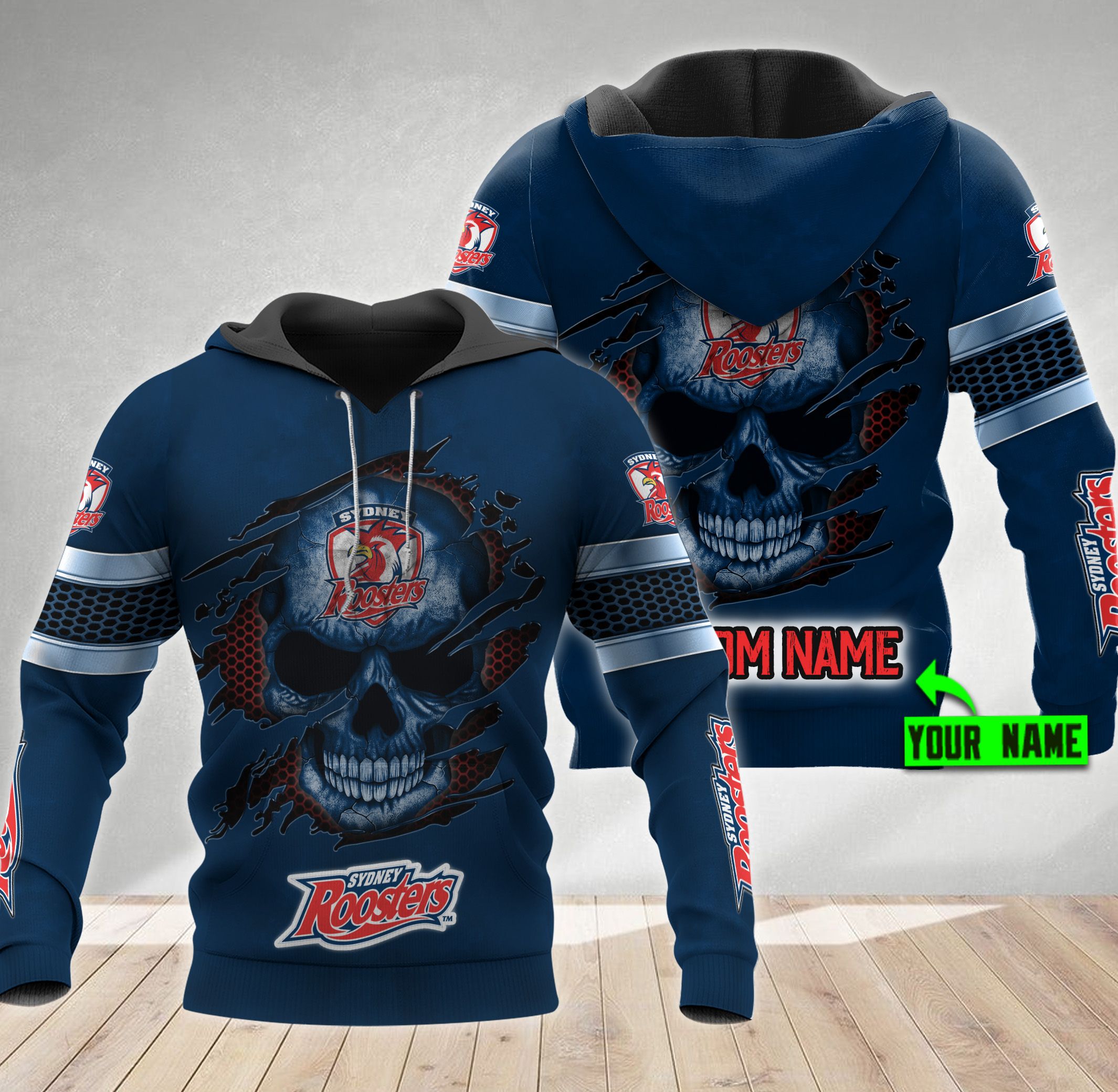 Personalized Nrl Skull Design Custom All Over Print 3D Hoodie For Sydney Roosters Fans