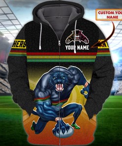 Personalized Penrith Panthers Nrl All Over Print 3D Zip Up Hoodie With Custom Name.