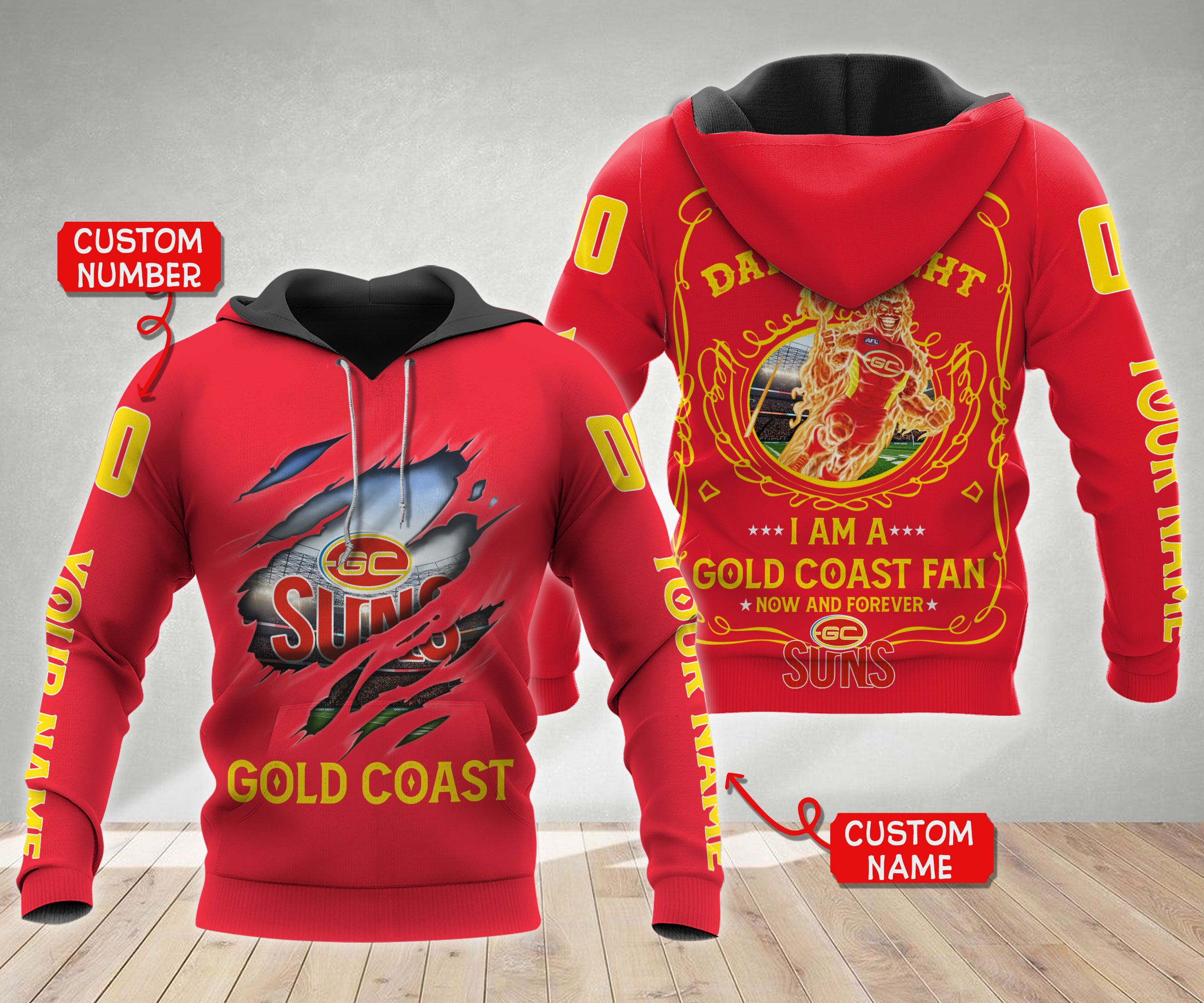 Show Your Gold Coast Football Club Spirit With Custom 3D Hoodie In All Over Print Zip Up