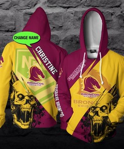 Skull Design Brisbane Broncos Nrl 3D Zip Up Hoodie With Personalized Name Option 