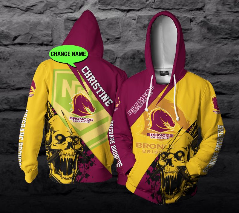 Skull Design Brisbane Broncos Nrl 3D Zip Up Hoodie With Personalized Name Option
