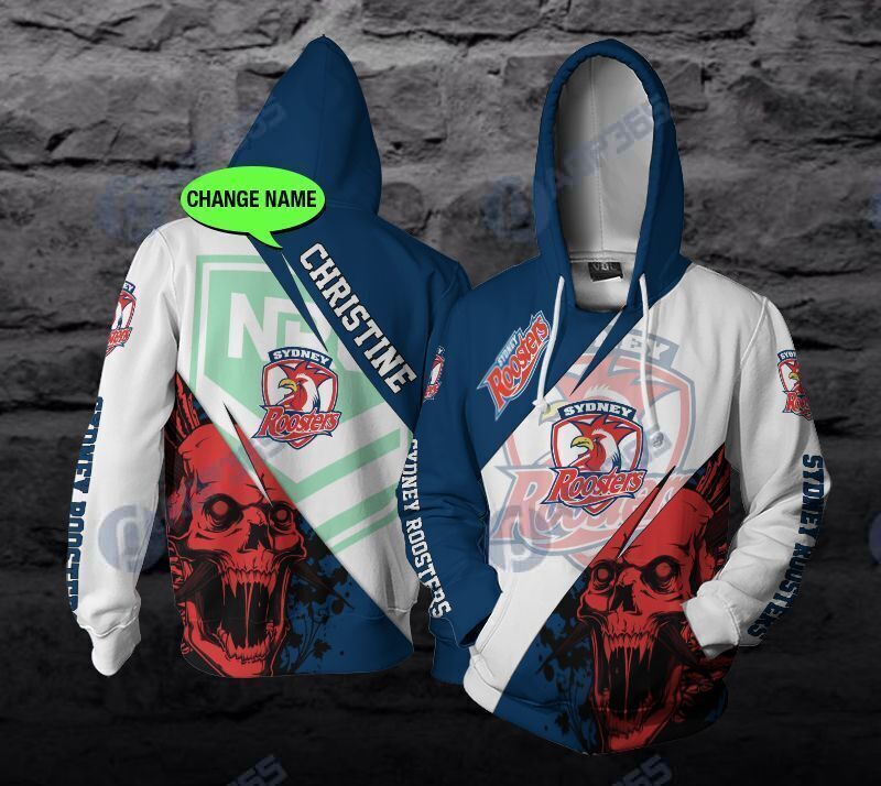 Sydney Roosters Nrl Skull Custom Name All Over Printed Dragon 3D Hoodie