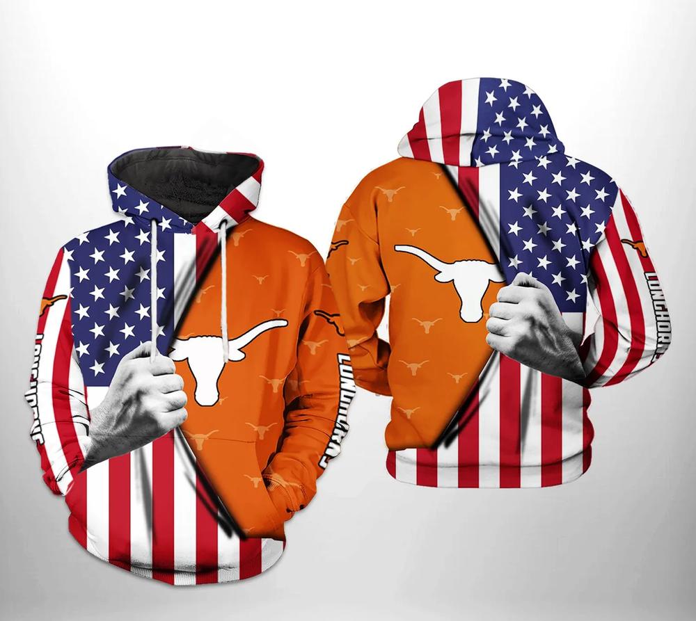 Texas Longhorns With Flag American My Heart 3D Hoodie Texas Longhorns Ncaa Gifts - Men'S 3D Graphic Hoodies