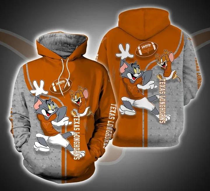 Tom And Jerry Play Football For Texas Longhorns 3D Hoodie Ncaa Gifts - 3D Hoodies With Zippers