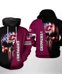 Us Flag Skull Zip-Up Hoodie With 3D All Over Print For Central Michigan Chippewas Fans 