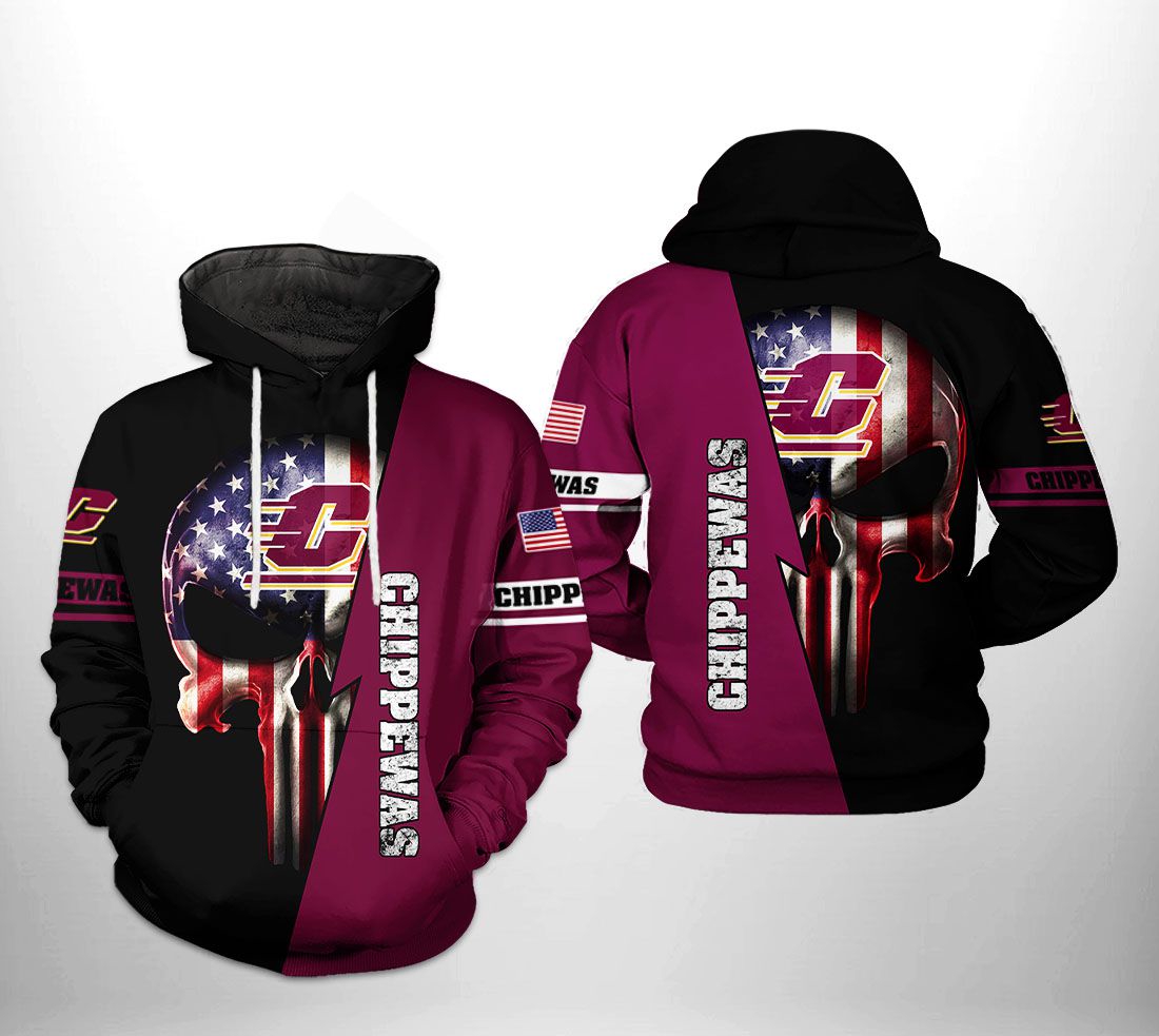 Us Flag Skull Zip-Up Hoodie With 3D All Over Print For Central Michigan Chippewas Fans