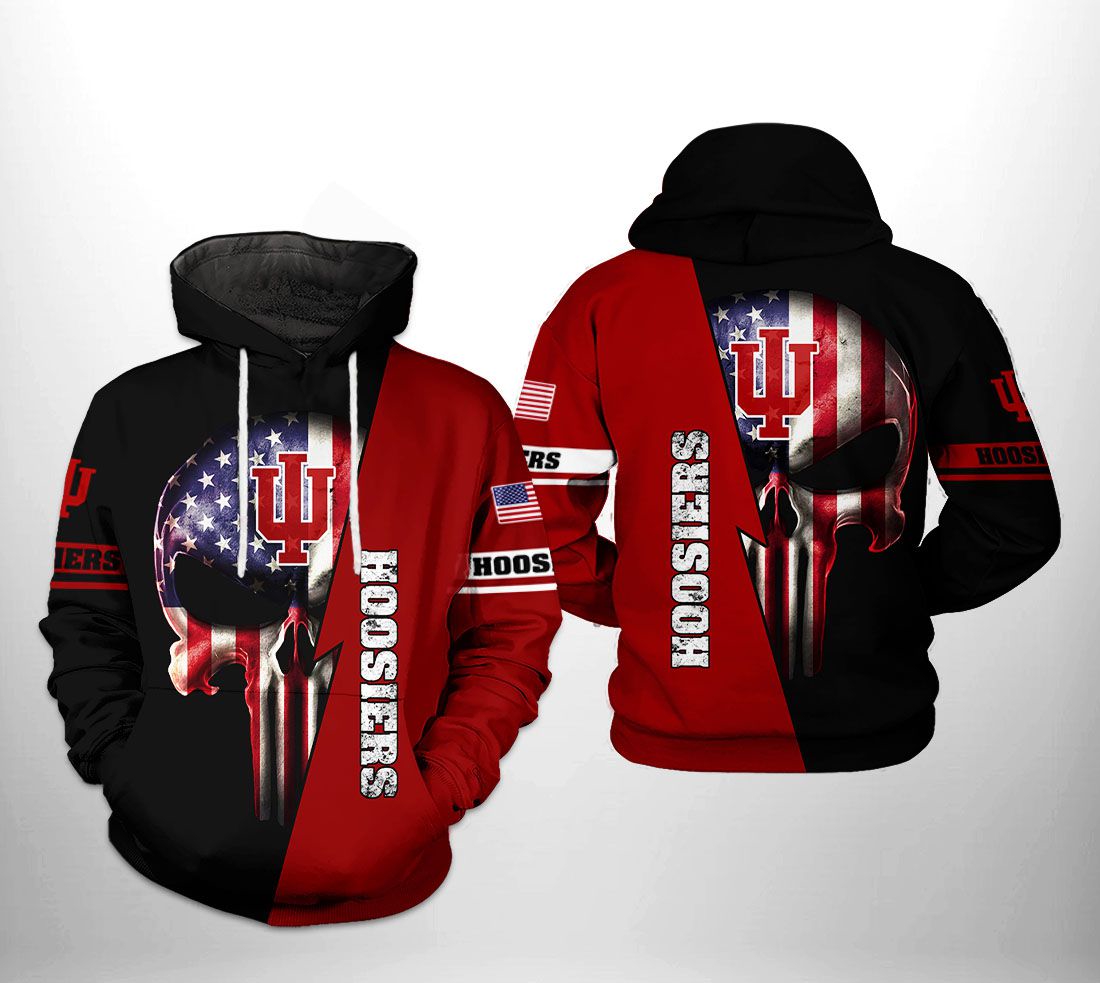 Us Flag Skull Zip-Up Hoodie With 3D All Over Print For Indiana Hoosiers Fans