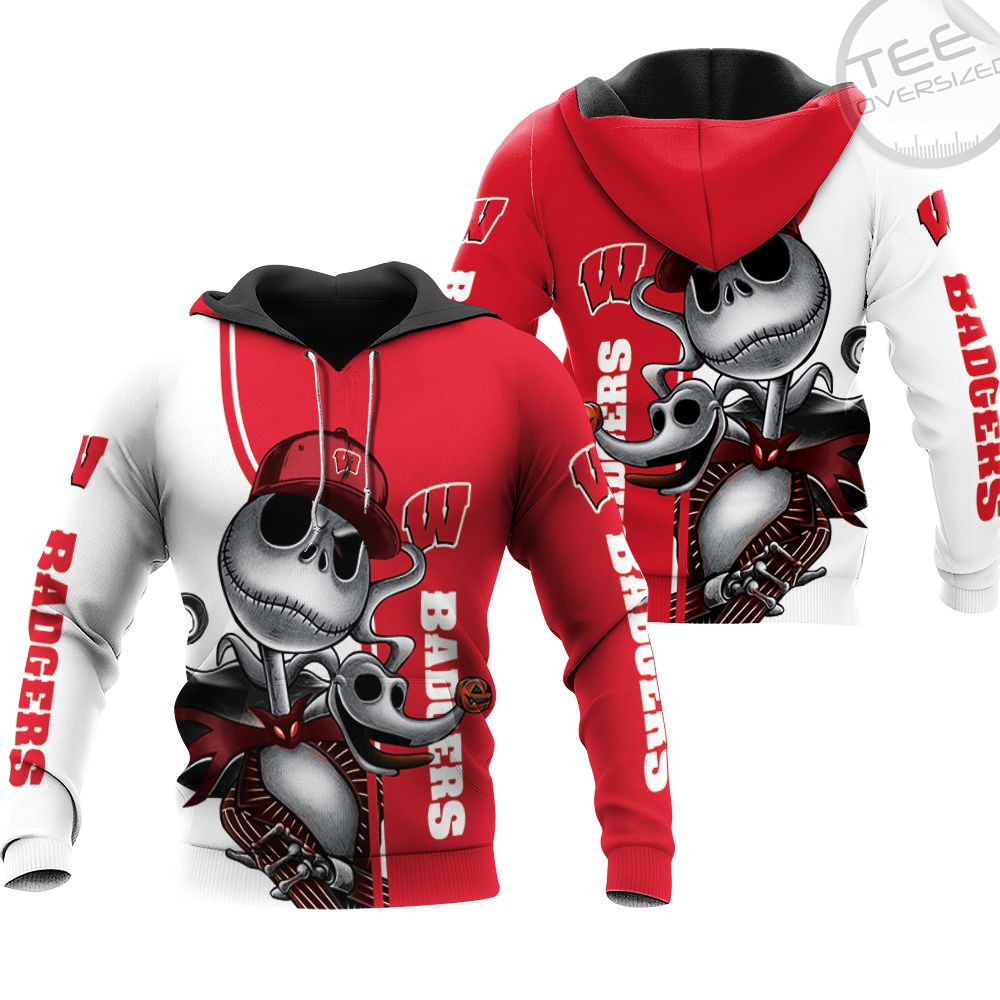 Wisconsin Badgers Jack Skellington And Zero 3D Hoodie - Best Halloween Gift For College Fans