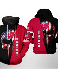 Wisconsin Badgers Us Flag Skull 3D Printed Hoodie/Zipper Hoodie, Great For Patriotic Occasions