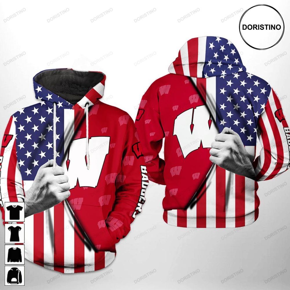 Wisconsin Badgers Usa Flag Awesome 3D Hoodie - Patriotic College Fan Apparel