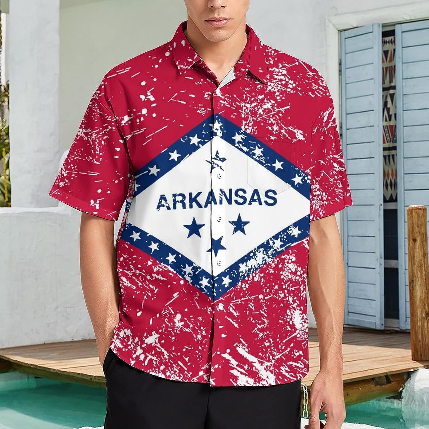 Arkansas State Flag Men's Long Sleeve Hawaiian Shirt - Regular Fit Button Down Fun Prints