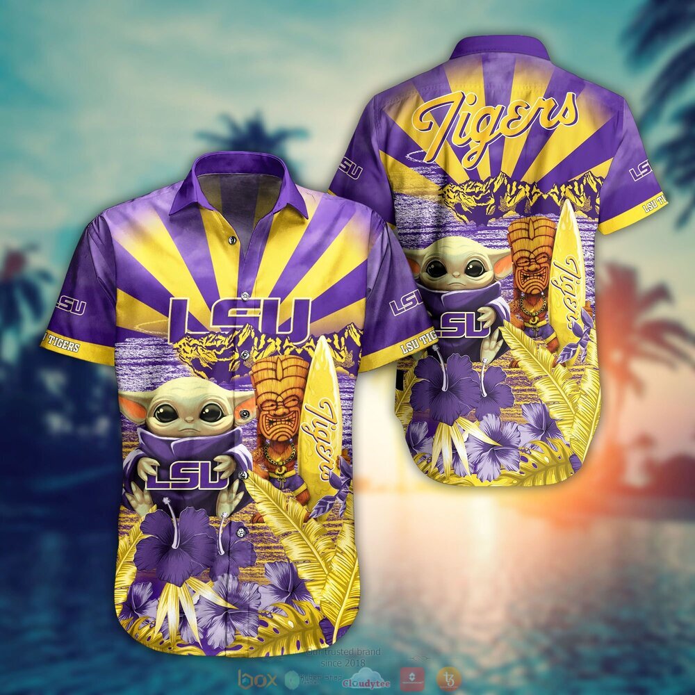 Baby Yoda LSU Tigers NCAA Hawaiian Shirt and Shorts - Cute and Trendy Shirt Design for Baby Yoda and Tigers Fans