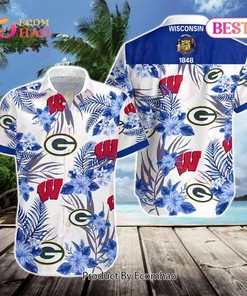 Celebrate Wisconsin Sports with Wisconsin Badgers Green Bay Packers Milwaukee Brewers Milwaukee Bucks Hawaiian Shirt