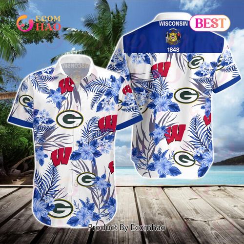 Celebrate Wisconsin Sports with Wisconsin Badgers Green Bay Packers Milwaukee Brewers Milwaukee Bucks Hawaiian Shirt