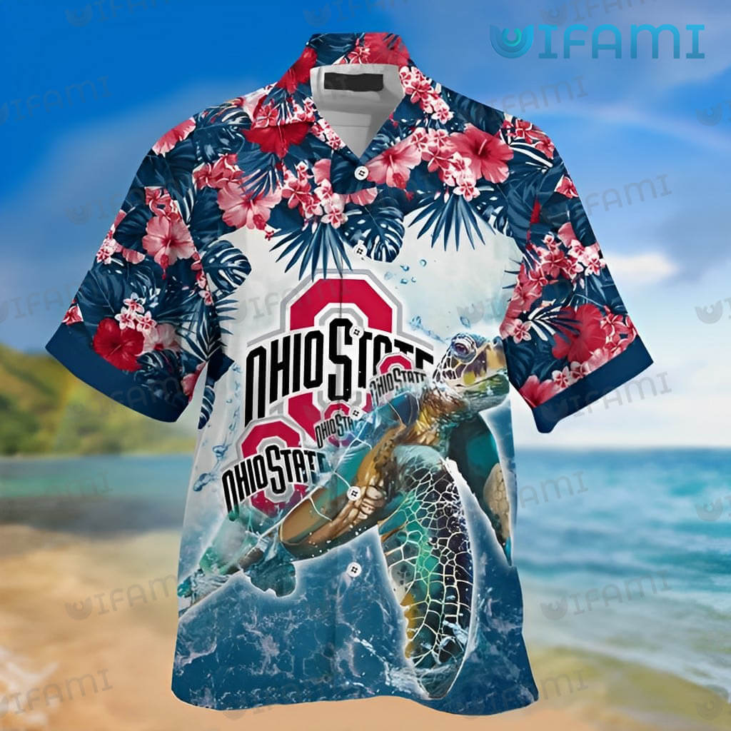 Custom Ohio State Buckeyes Gift: Turtle Beach Tropical Flower Ohio State Hawaiian Shirt