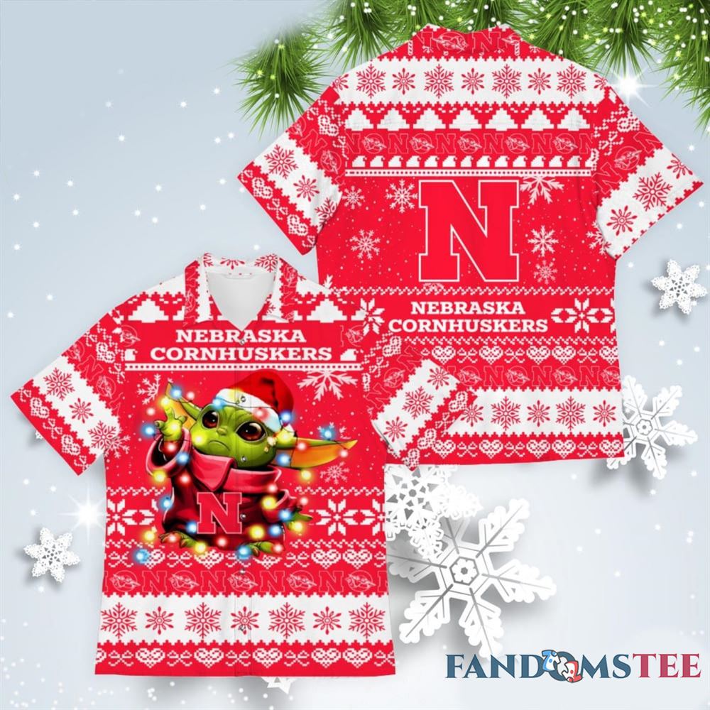 Festive Nebraska Cornhuskers Ugly Christmas Hawaiian Shirt with Baby Yoda
