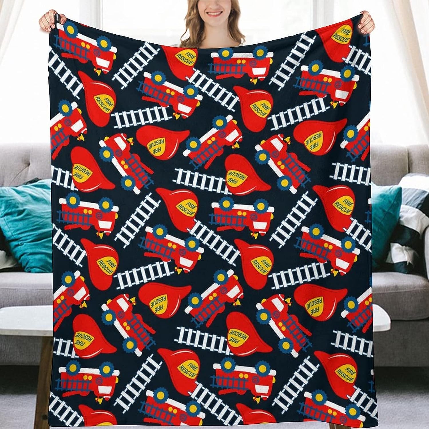 Firefighter Blanket for Kids - Flannel Fire Truck Throw Blanket