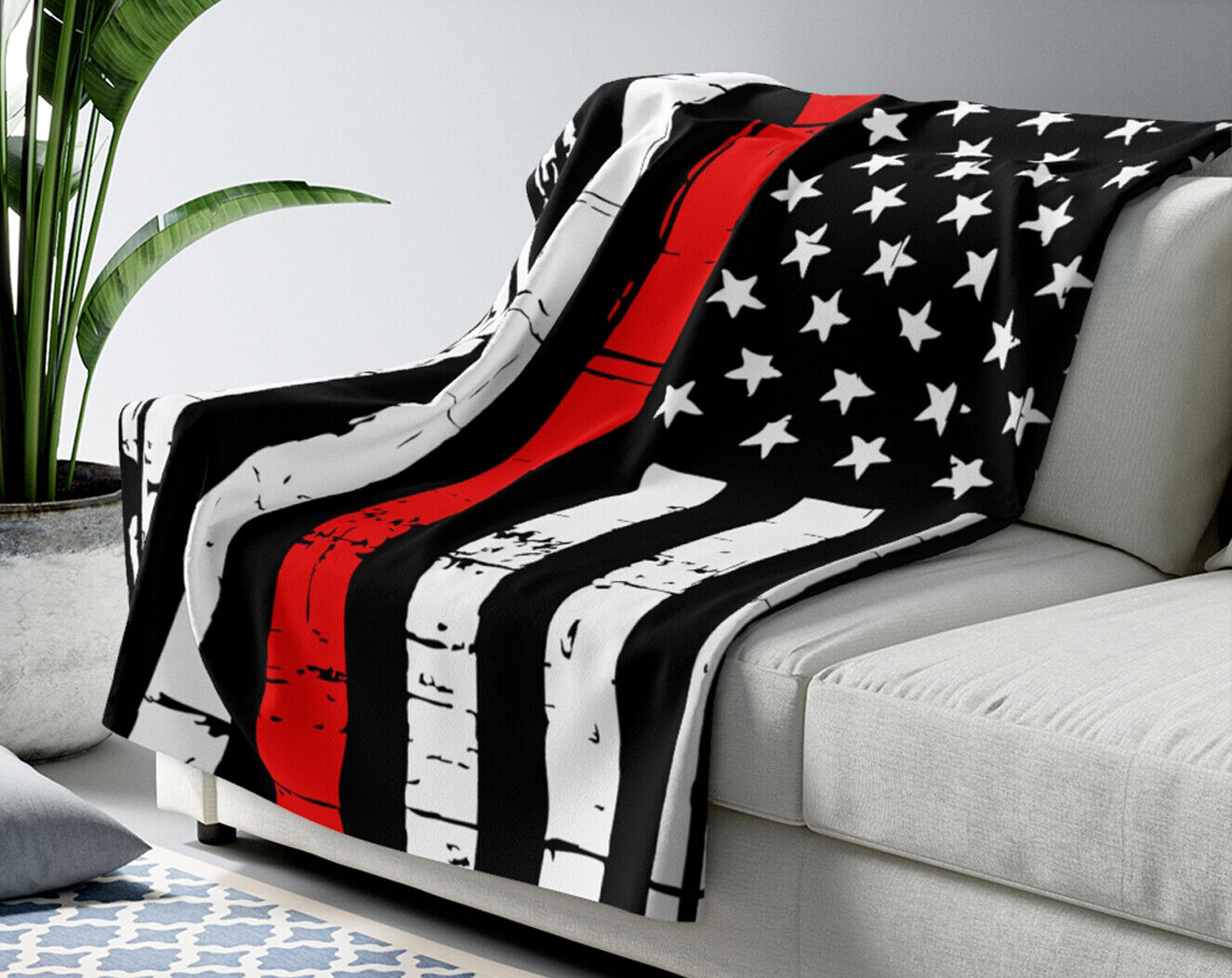 Firefighter Velveteen Throw Blanket, Thin Red Line Flag USA Gift