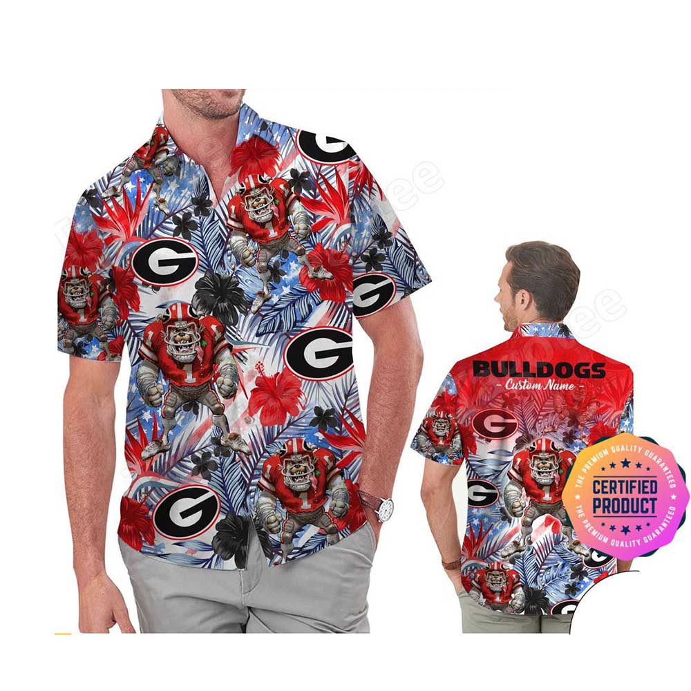 Georgia Bulldogs America Flag Tropical Floral Aloha Hawaiian Shirt - Custom Name For Men And Women