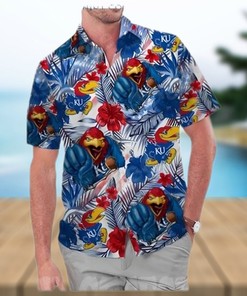 Kansas Jayhawks Hawaiian Shirt with American Flag and Tropical Floral Design