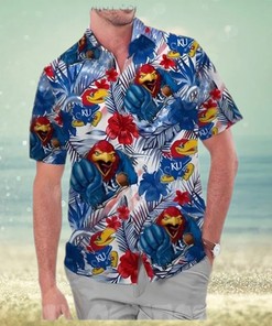 Kansas Jayhawks Hawaiian Shirt with American Flag and Tropical Floral Design