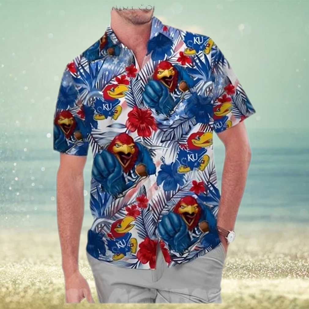 Kansas Jayhawks Hawaiian Shirt with American Flag and Tropical Floral Design