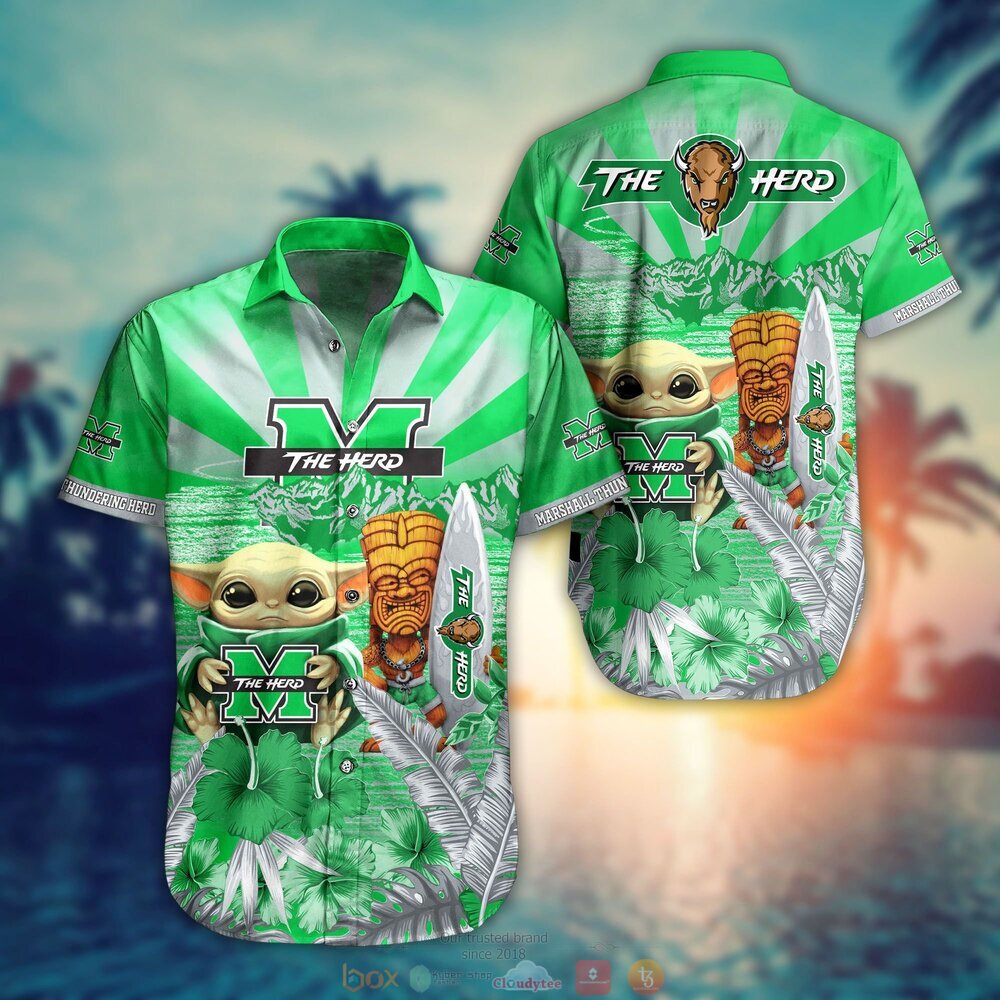 Marshall Thundering Herd Baby Yoda NCAA Hawaiian Shirt, Shorts - Cute and Trendy Shirt Design for Baby Yoda Fans