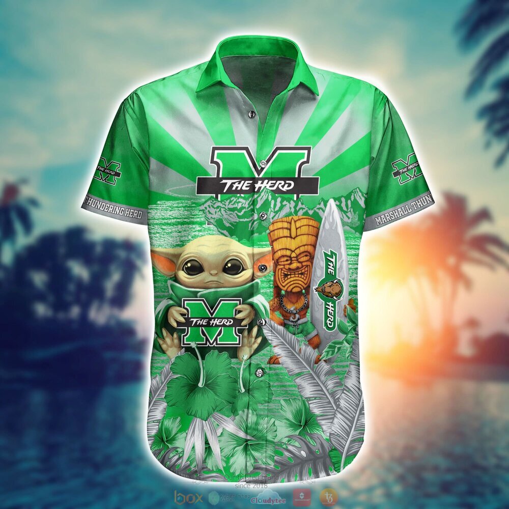 Marshall Thundering Herd Baby Yoda NCAA Hawaiian Shirt, Shorts - Cute and Trendy Shirt Design for Baby Yoda Fans
