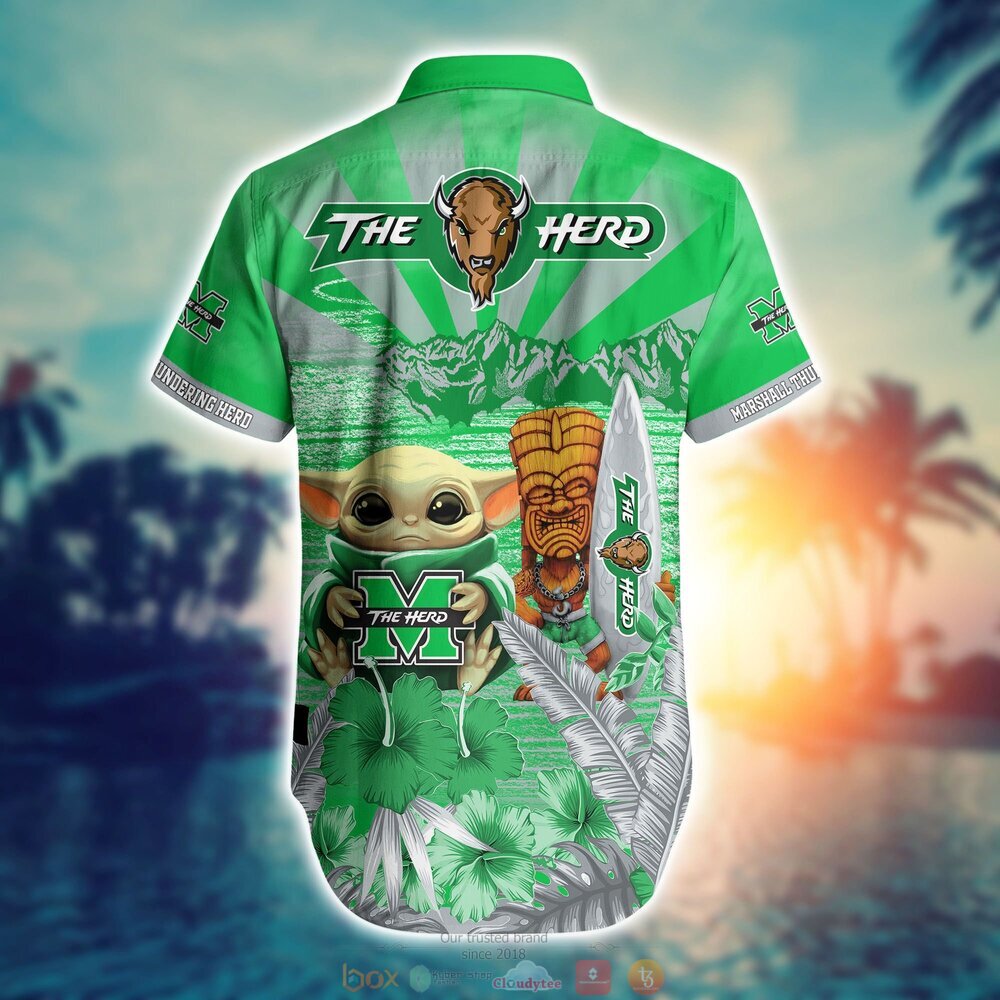 Marshall Thundering Herd Baby Yoda NCAA Hawaiian Shirt, Shorts - Cute and Trendy Shirt Design for Baby Yoda Fans