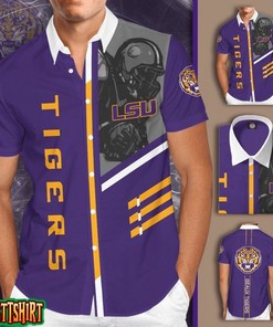 Men's Short Sleeve LSU Tigers Hawaiian Shirt with Hibiscus Flowers 