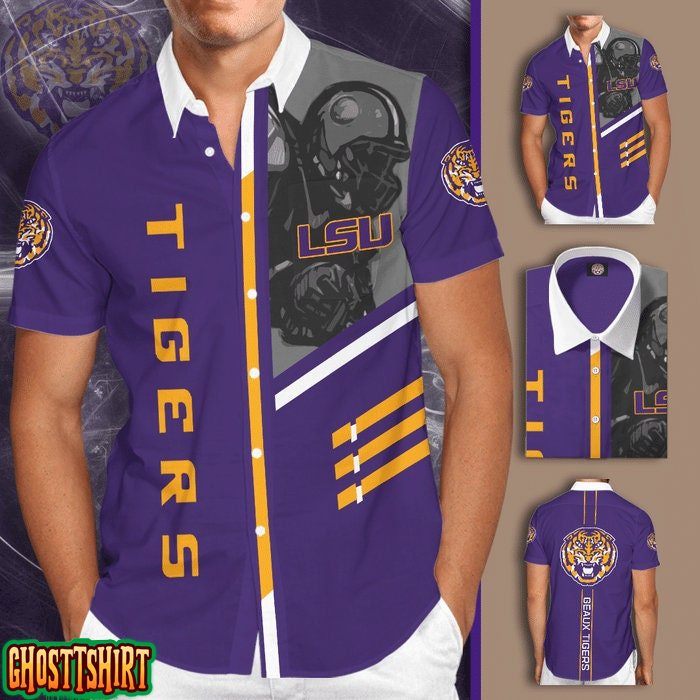Men's Short Sleeve LSU Tigers Hawaiian Shirt with Hibiscus Flowers