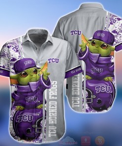 Men's TCU Horned Frogs Baby Yoda Aloha Short Sleeve Shirt for NCAA fans