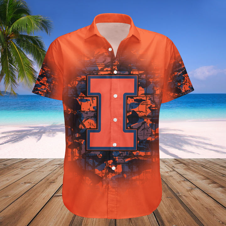 NCAA Illinois Fighting Illini Custom Text and Number Orange and Blue Hawaiian Shirt - Personalized Gift