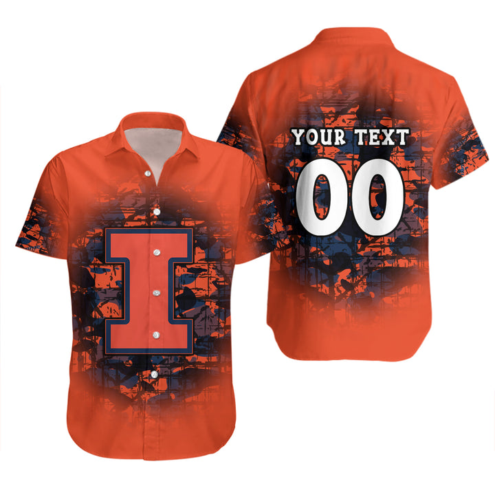 NCAA Illinois Fighting Illini Custom Text and Number Orange and Blue Hawaiian Shirt - Personalized Gift