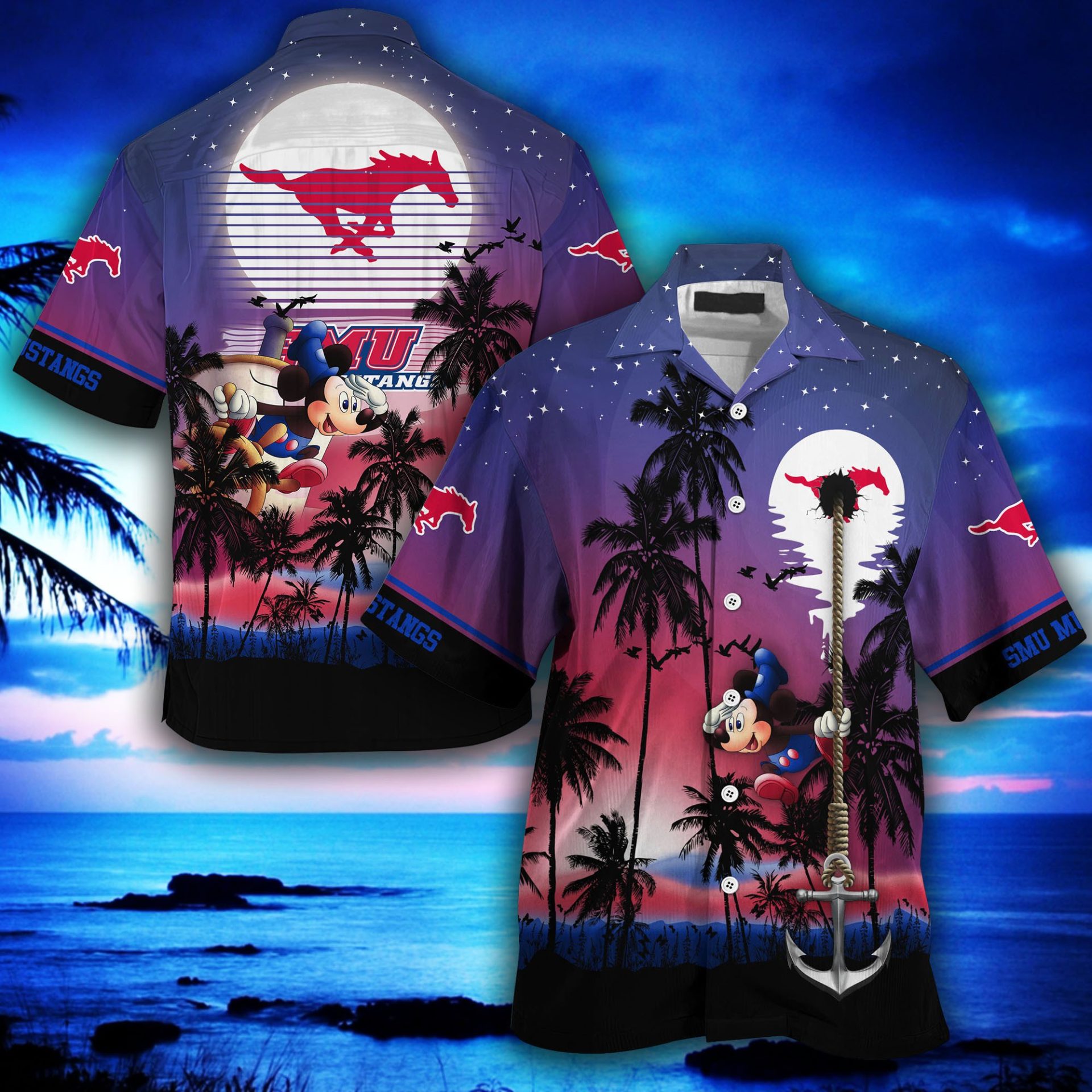 NCAA SMU Mustangs Moon And Stars Night Hawaiian Shirt - Perfect for Game Day or Any Day