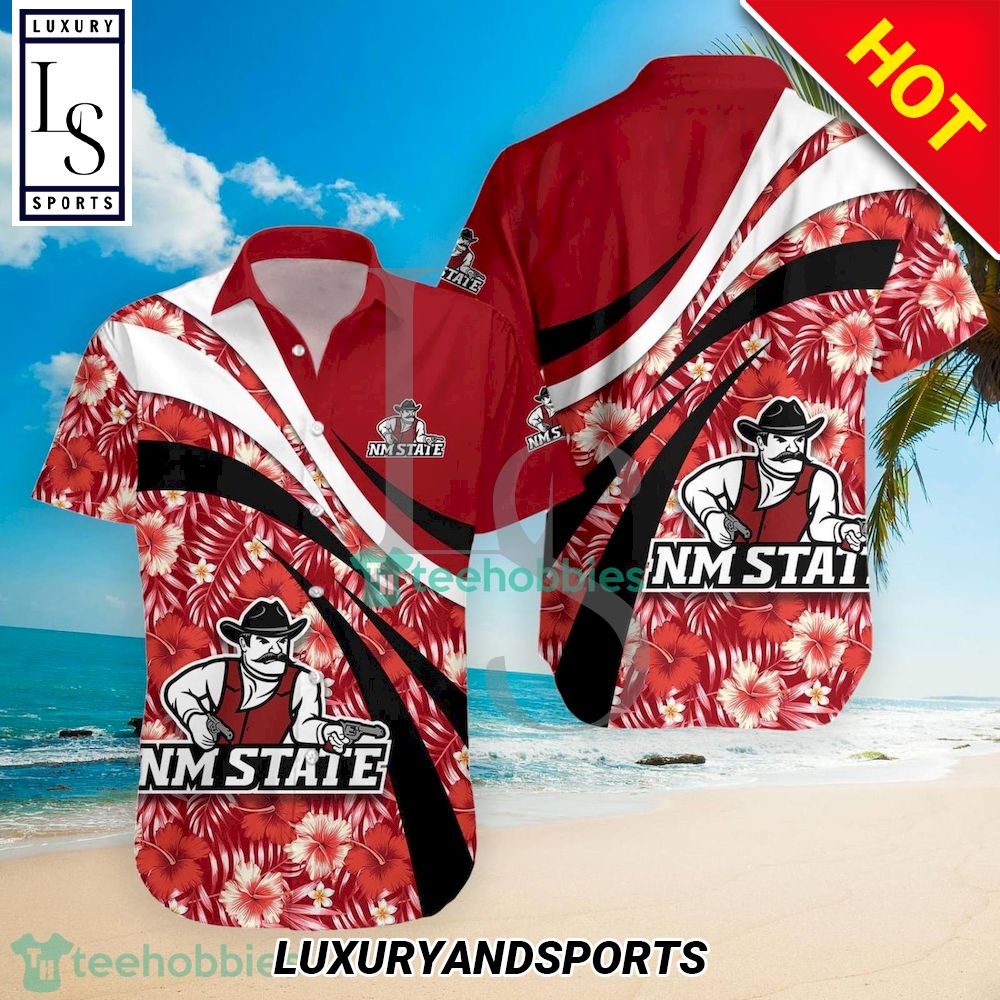 New Mexico State Aggies Hibiscus Hawaiian Shirt - Perfect for Tropical Vacations.