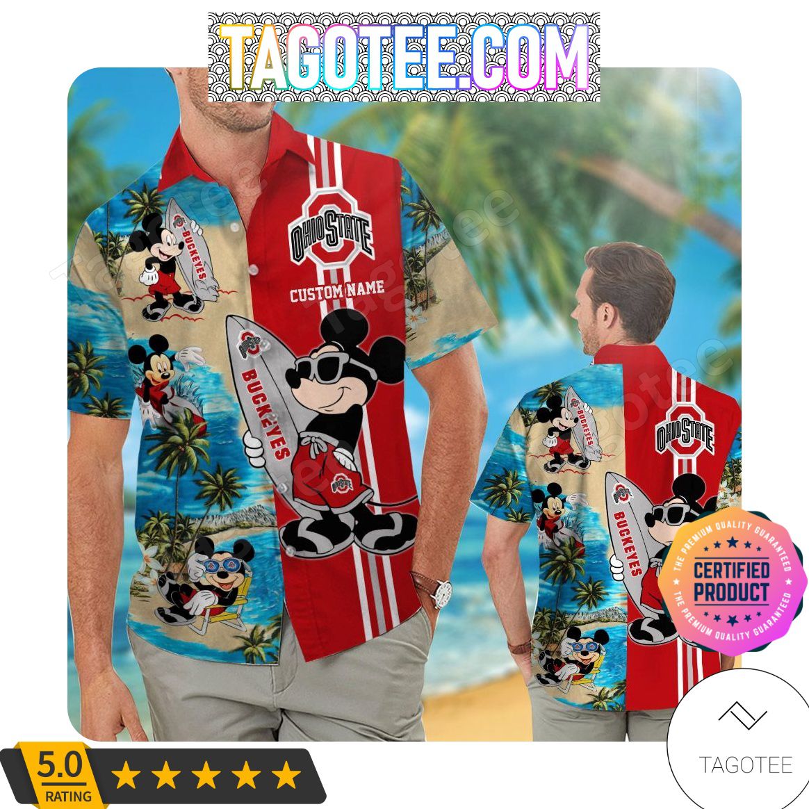 Personalized Ohio State Buckeyes Mickey Aloha Hawaiian Shirt with Beach Shorts