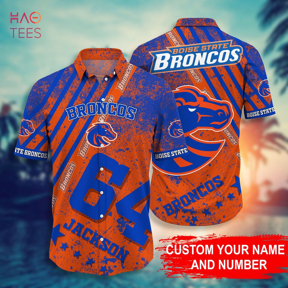 Reyn Spooner Mens Blue Hawaiian Camp Shirt with Boise State Broncos Design
