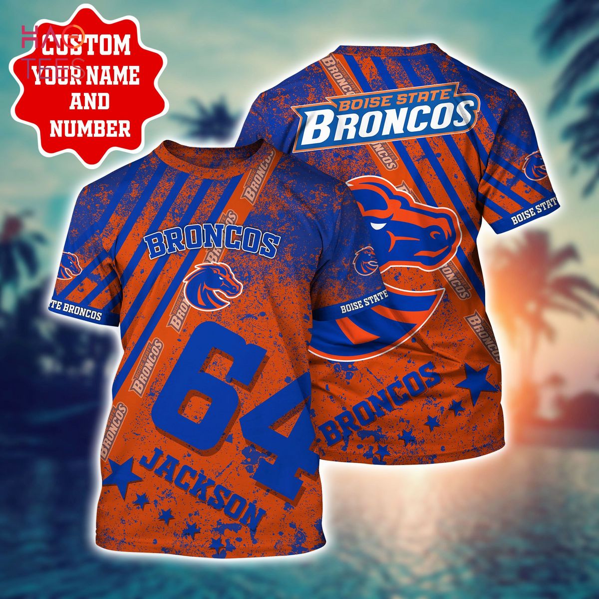 Reyn Spooner Mens Blue Hawaiian Camp Shirt with Boise State Broncos Design
