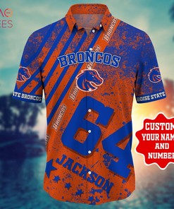 Reyn Spooner Mens Blue Hawaiian Camp Shirt with Boise State Broncos Design