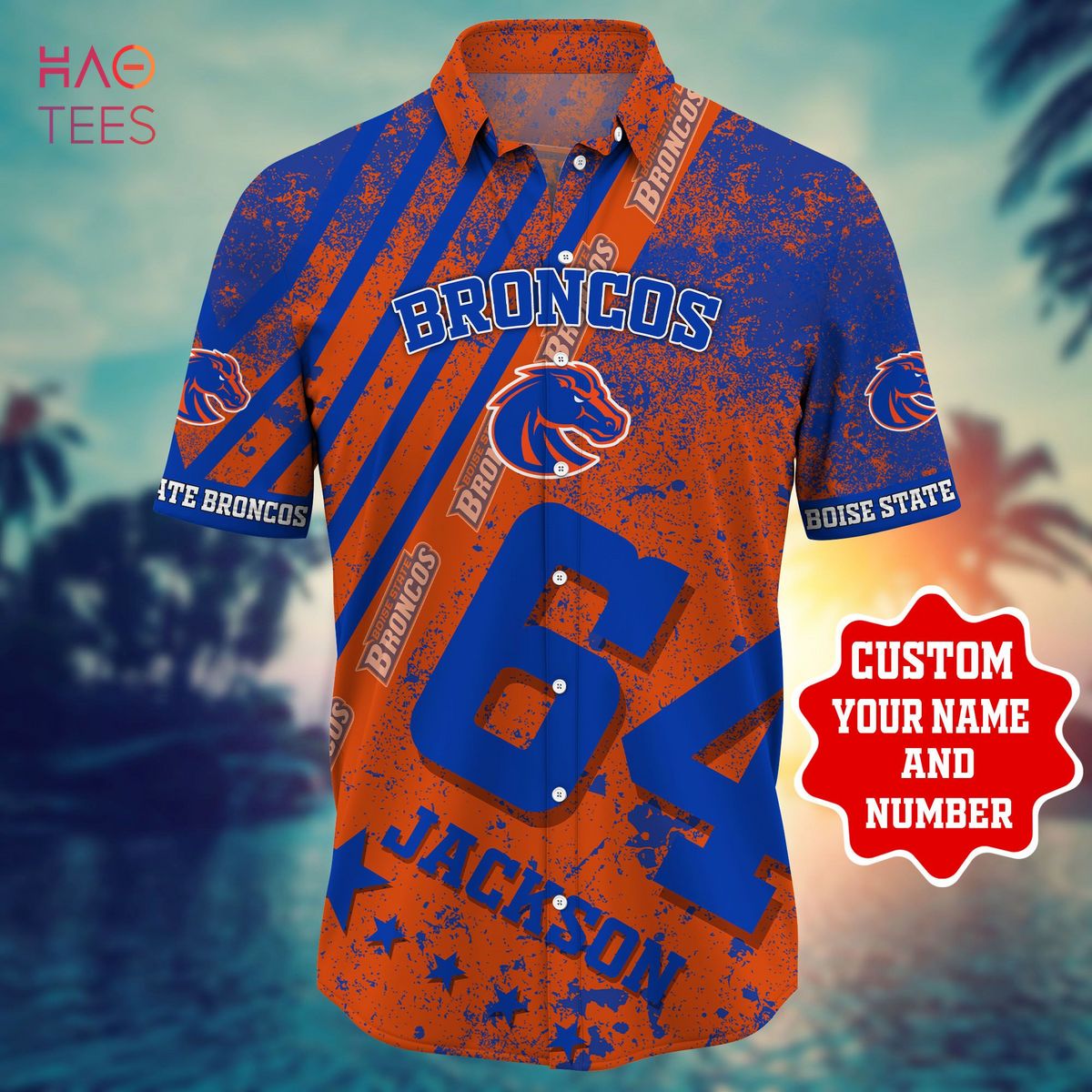 Reyn Spooner Mens Blue Hawaiian Camp Shirt with Boise State Broncos Design