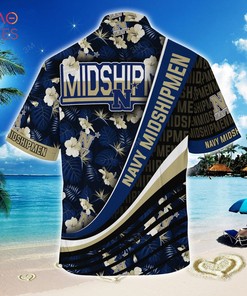 Trending Navy Midshipmen Summer Hawaiian Shirt with Tropical Flower Pattern for Fans
