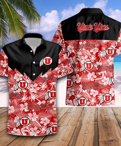 Utah Utes Red Black Hawaiian Shirt with Tropical Flowers