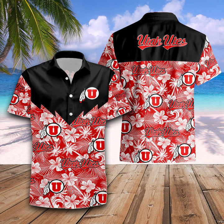 Utah Utes Red Black Hawaiian Shirt with Tropical Flowers