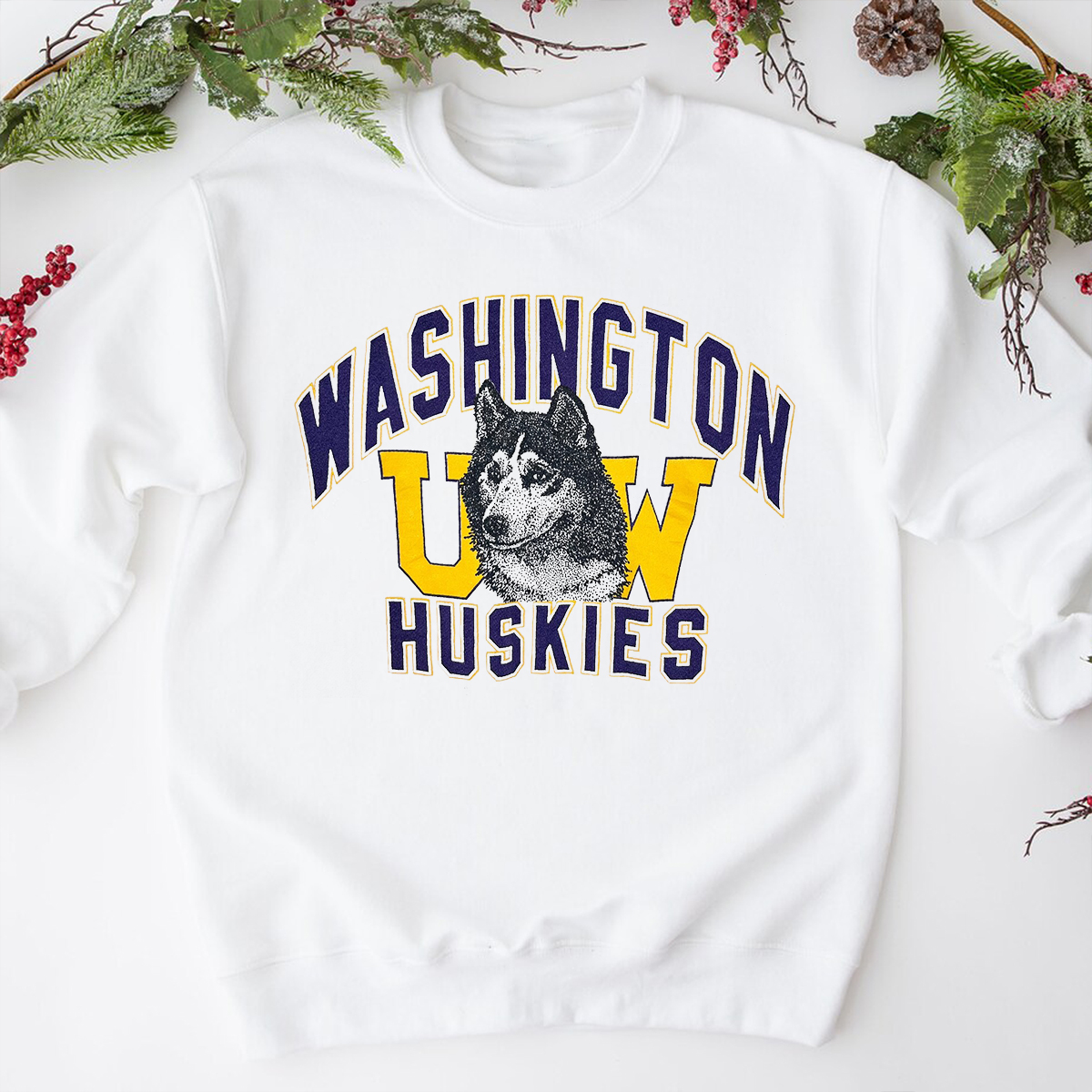 Vintage Washington Huskies Big Logo Print Crewneck Sweatshirt - Authentic UW Apparel