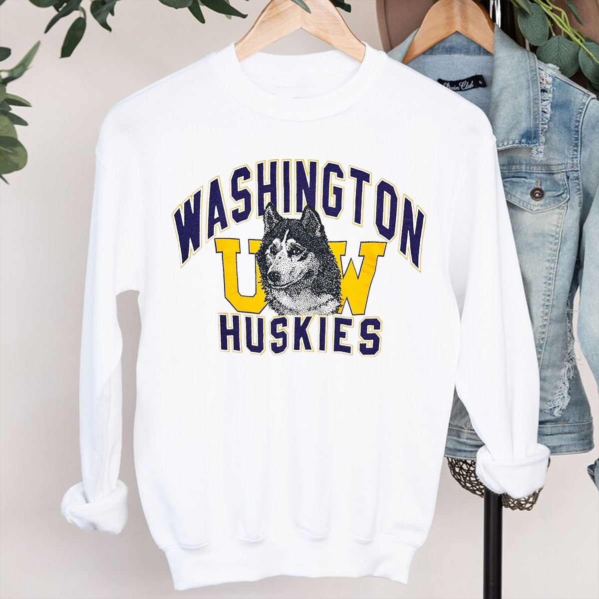 Vintage Washington Huskies Big Logo Print Crewneck Sweatshirt - Authentic UW Apparel