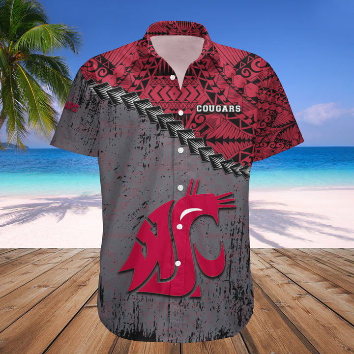 Washington State Cougars Red Grey Polynesian Tatto Hawaiian Shirt
